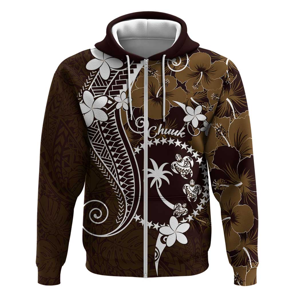 FSM Chuuk Zip Hoodie Turtle Tropical Flowers Polynesian - Brown