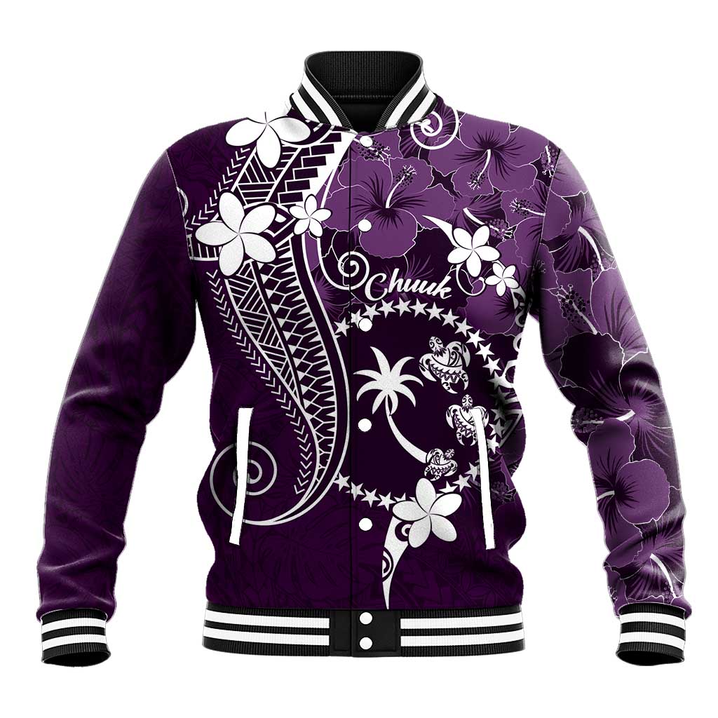 FSM Chuuk Baseball Jacket Turtle Tropical Flowers Polynesian - Purple