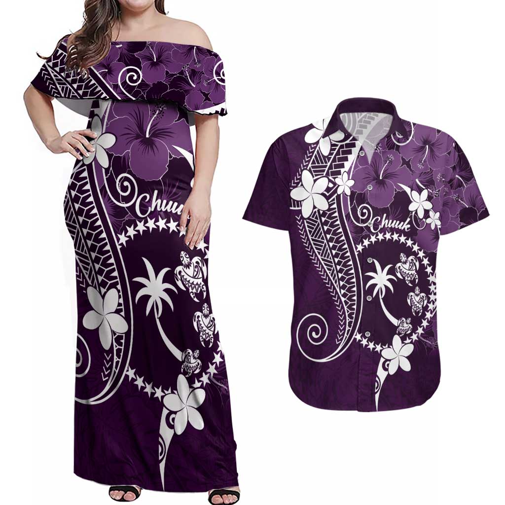 FSM Chuuk Couples Matching Off Shoulder Maxi Dress and Hawaiian Shirt Turtle Tropical Flowers Polynesian - Purple