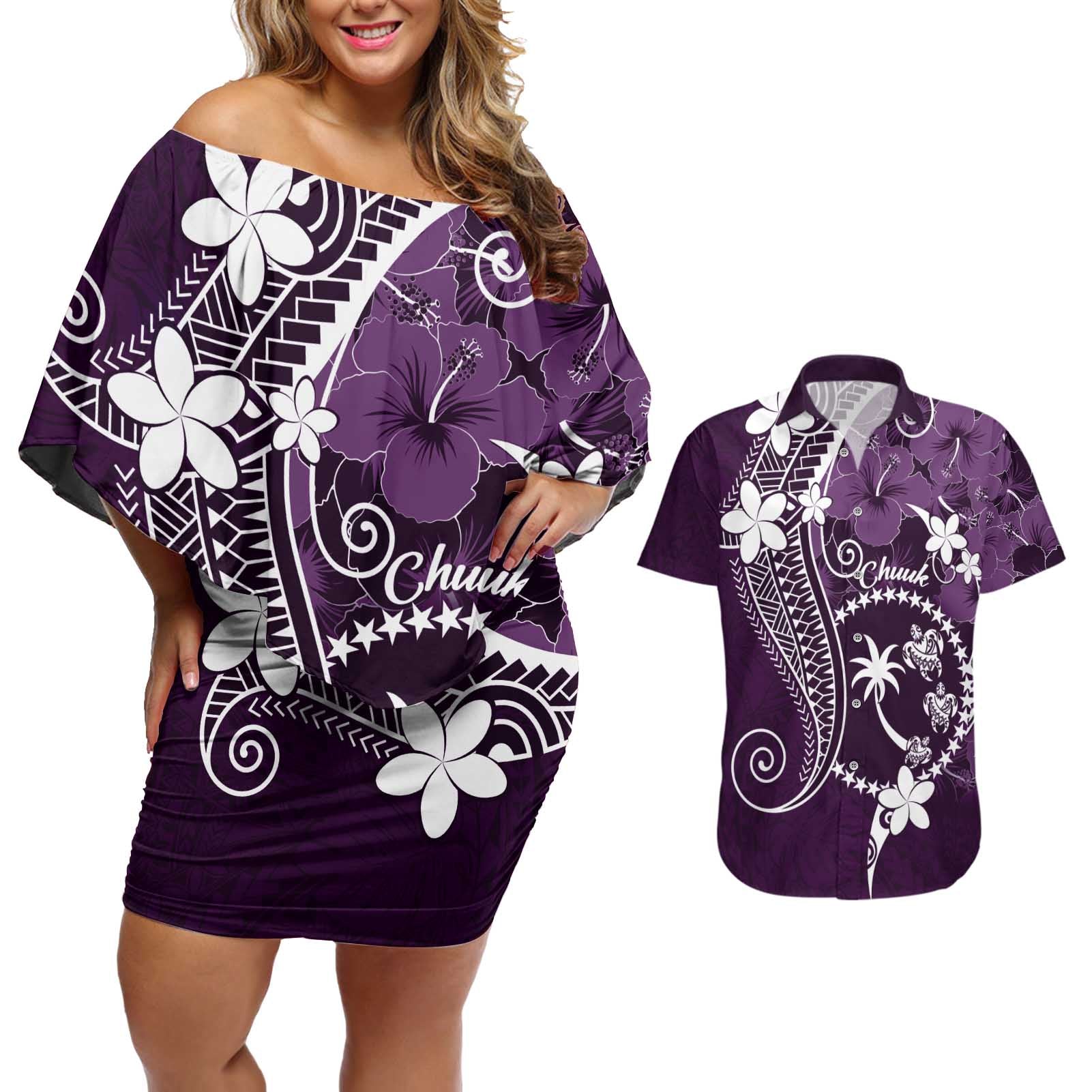 FSM Chuuk Couples Matching Off Shoulder Short Dress and Hawaiian Shirt Turtle Tropical Flowers Polynesian - Purple