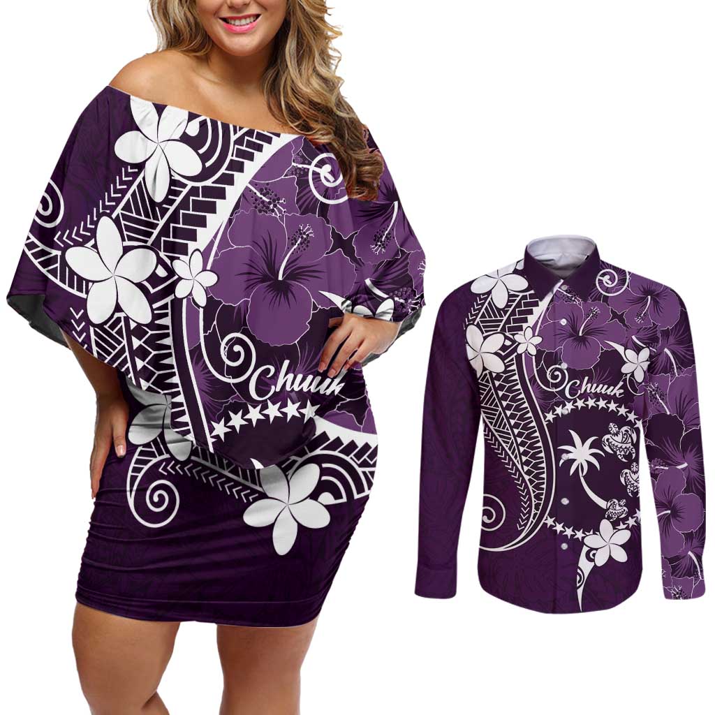 FSM Chuuk Couples Matching Off Shoulder Short Dress and Long Sleeve Button Shirt Turtle Tropical Flowers Polynesian - Purple