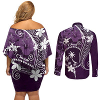FSM Chuuk Couples Matching Off Shoulder Short Dress and Long Sleeve Button Shirt Turtle Tropical Flowers Polynesian - Purple