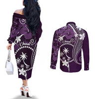 FSM Chuuk Couples Matching Off The Shoulder Long Sleeve Dress and Long Sleeve Button Shirt Turtle Tropical Flowers Polynesian - Purple