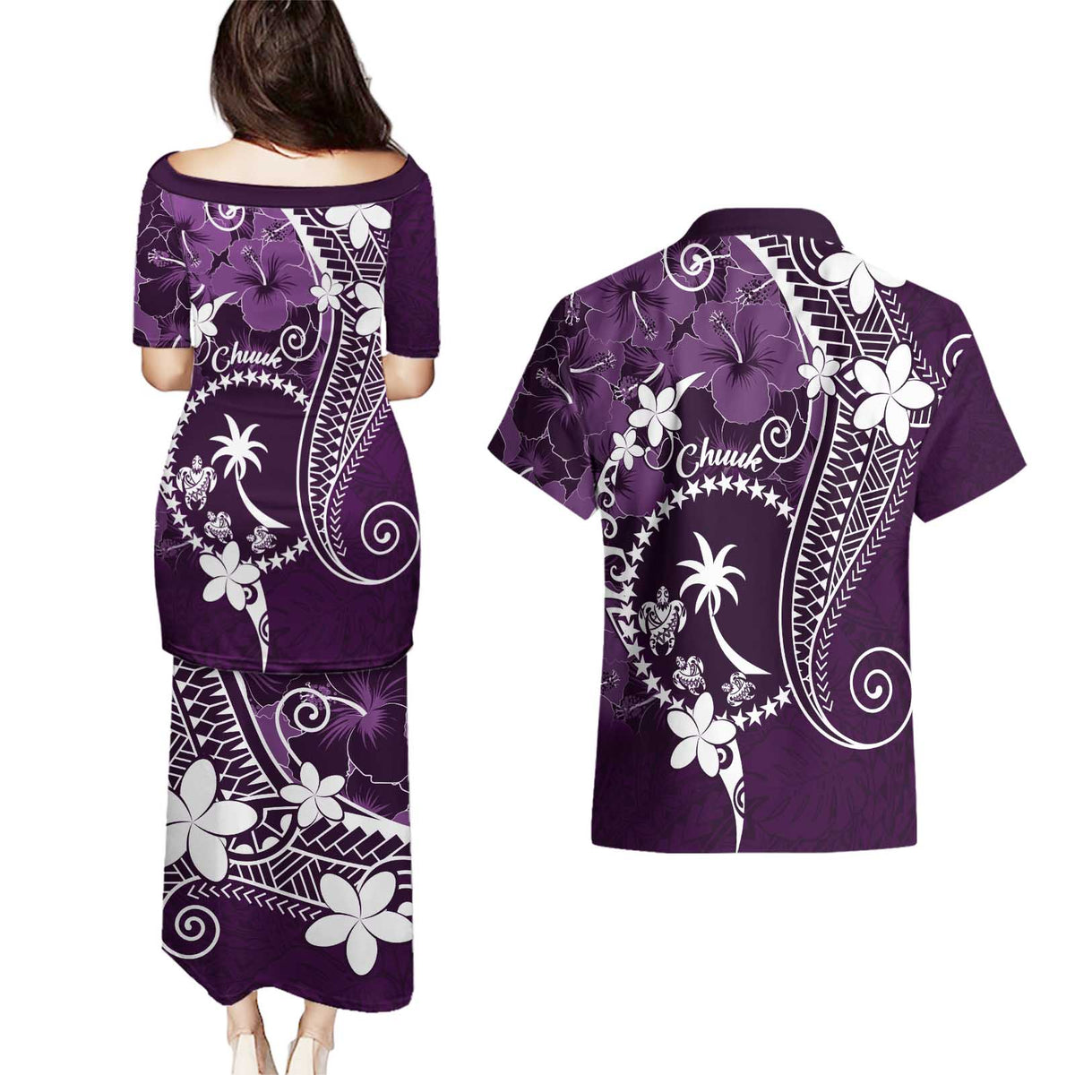 FSM Chuuk Couples Matching Puletasi and Hawaiian Shirt Turtle Tropical Flowers Polynesian - Purple