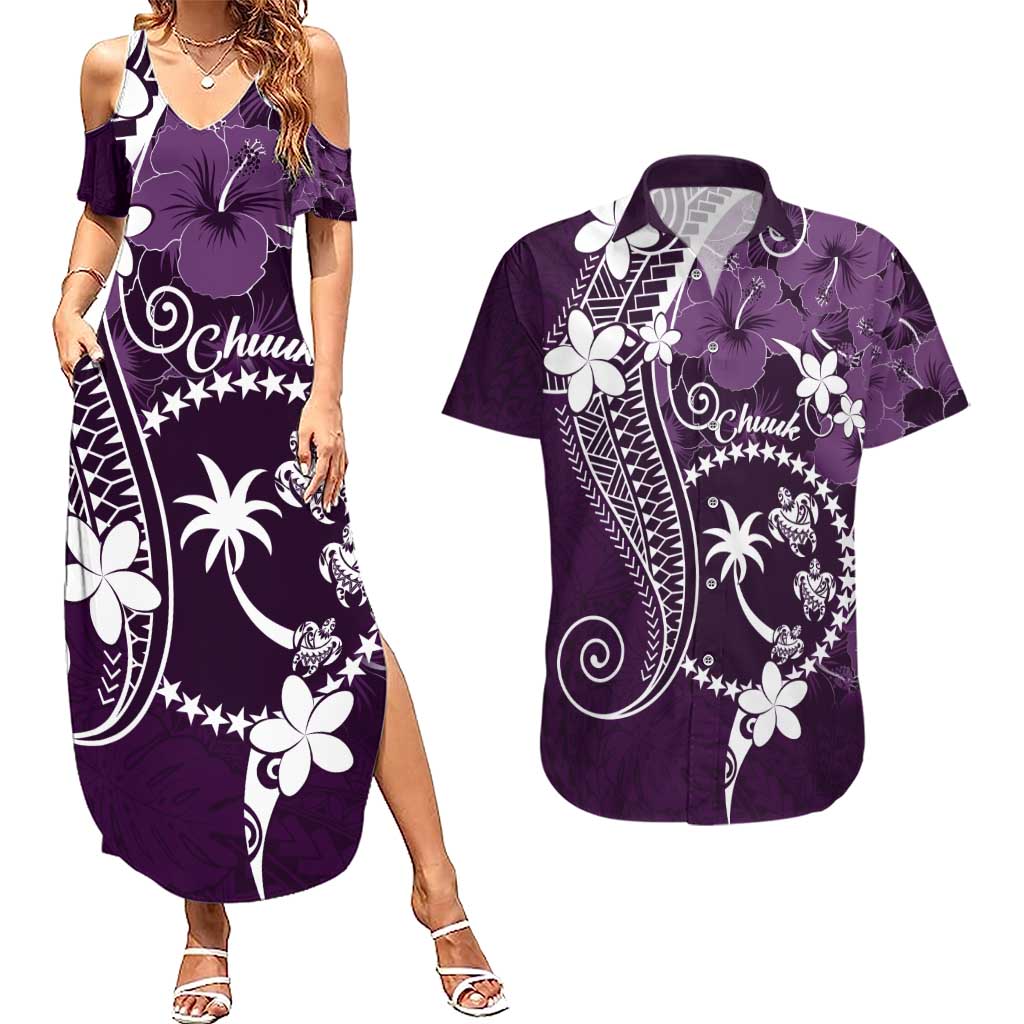 FSM Chuuk Couples Matching Summer Maxi Dress and Hawaiian Shirt Turtle Tropical Flowers Polynesian - Purple