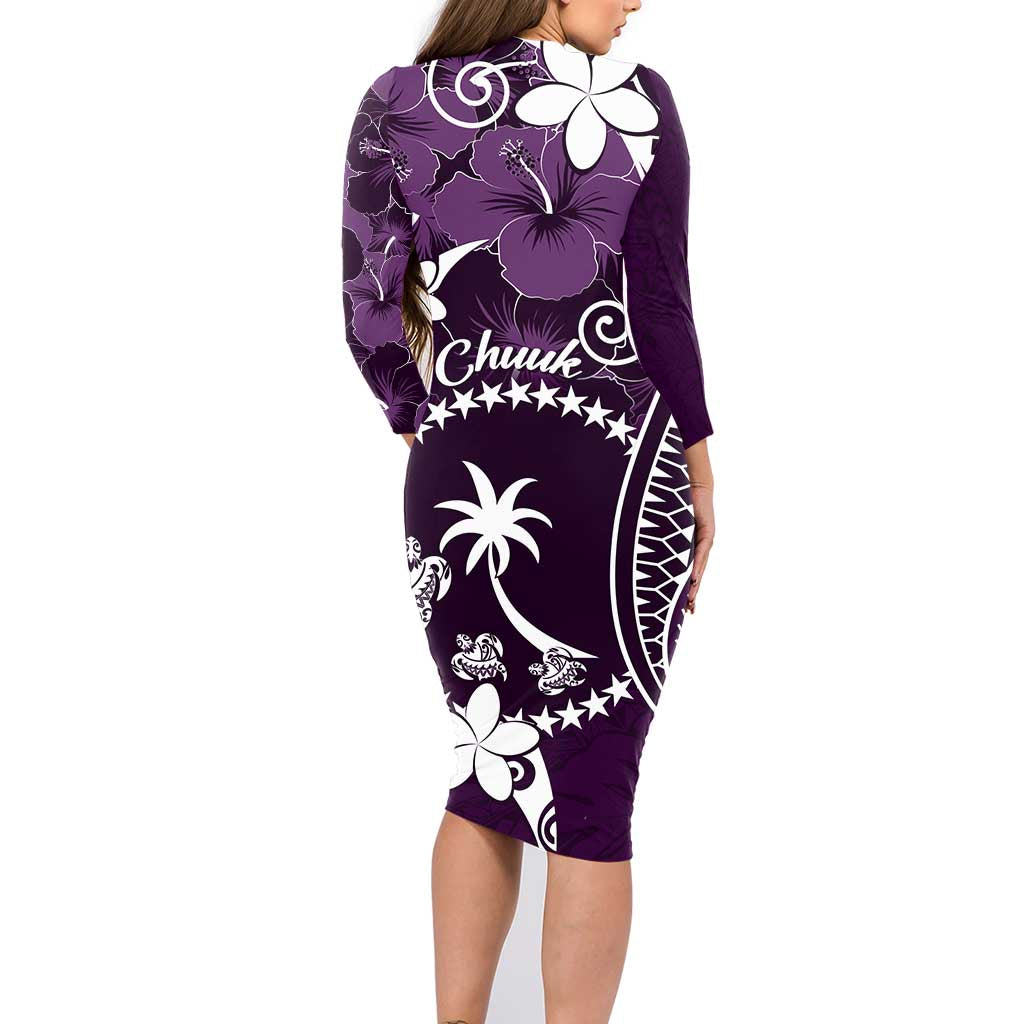 FSM Chuuk Family Matching Long Sleeve Bodycon Dress and Hawaiian Shirt Turtle Tropical Flowers Polynesian - Purple