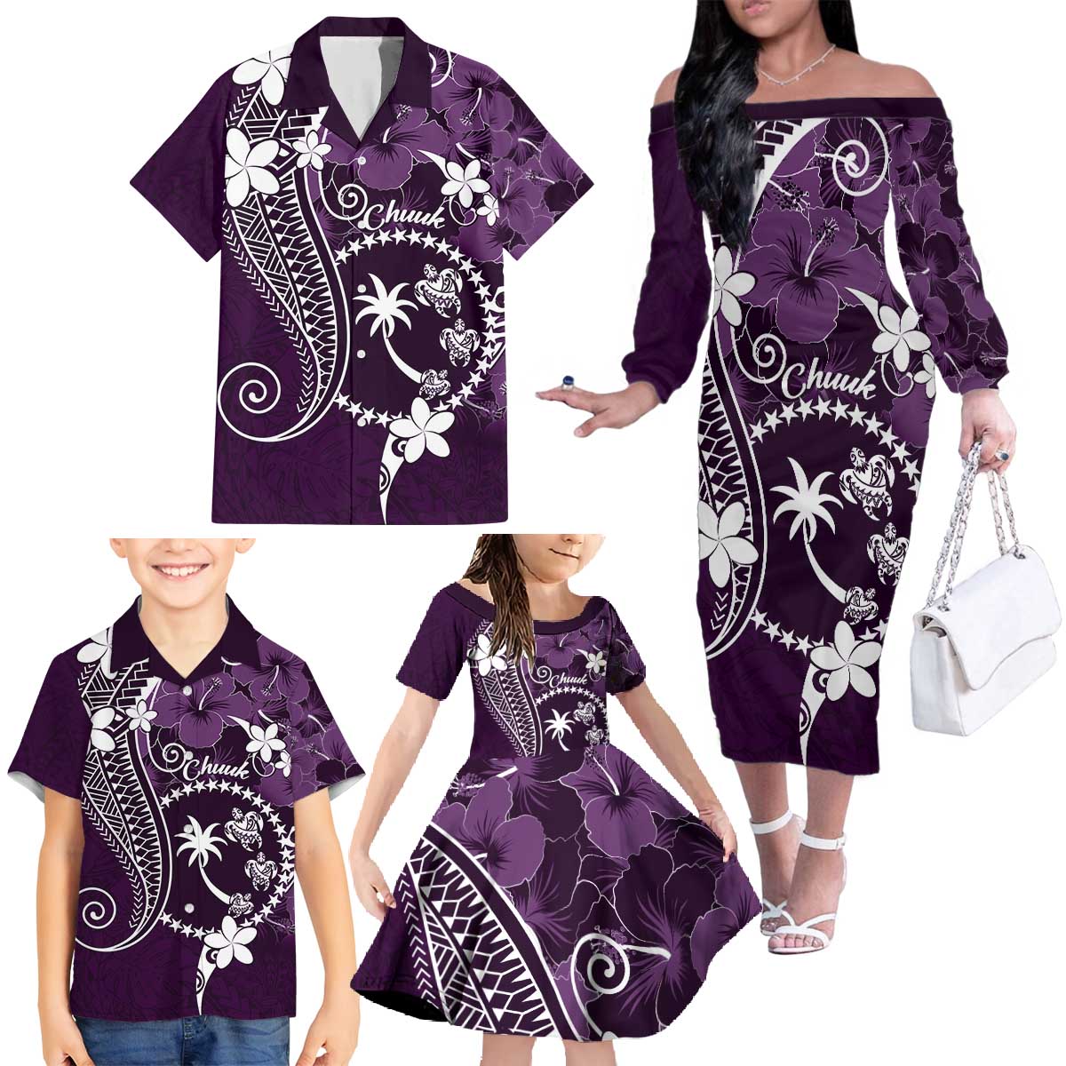 FSM Chuuk Family Matching Off The Shoulder Long Sleeve Dress and Hawaiian Shirt Turtle Tropical Flowers Polynesian - Purple