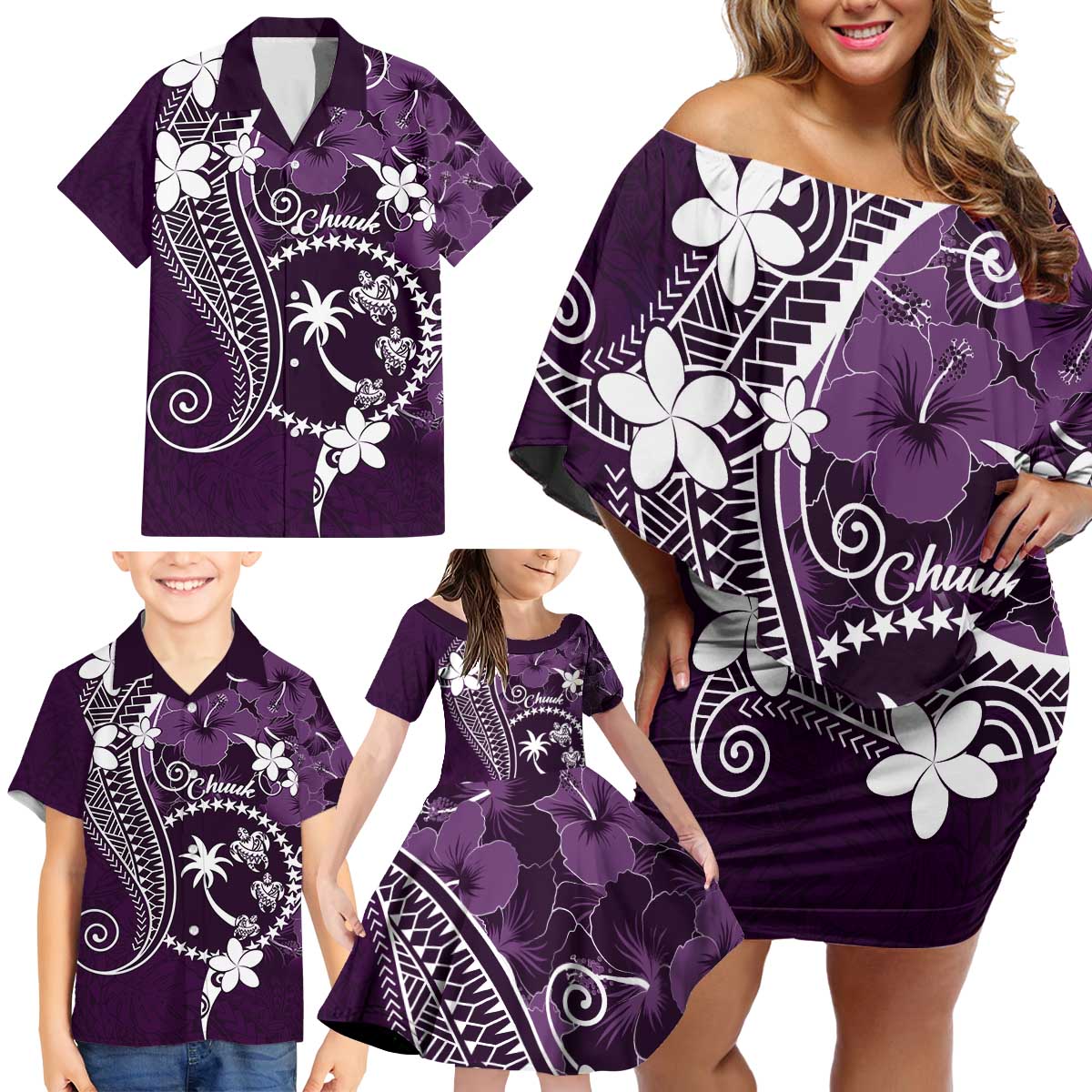 FSM Chuuk Family Matching Off Shoulder Short Dress and Hawaiian Shirt Turtle Tropical Flowers Polynesian - Purple