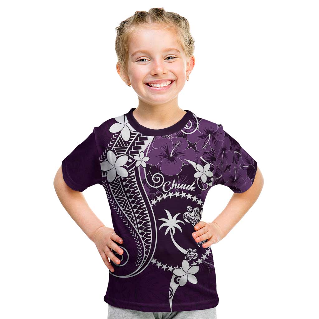 FSM Chuuk Kid T Shirt Turtle Tropical Flowers Polynesian - Purple