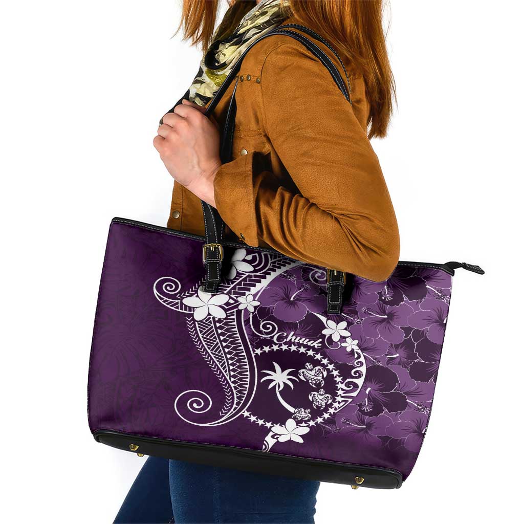 FSM Chuuk Leather Tote Bag Turtle Tropical Flowers Polynesian - Purple