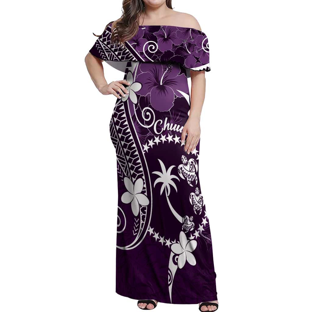 FSM Chuuk Off Shoulder Maxi Dress Turtle Tropical Flowers Polynesian - Purple