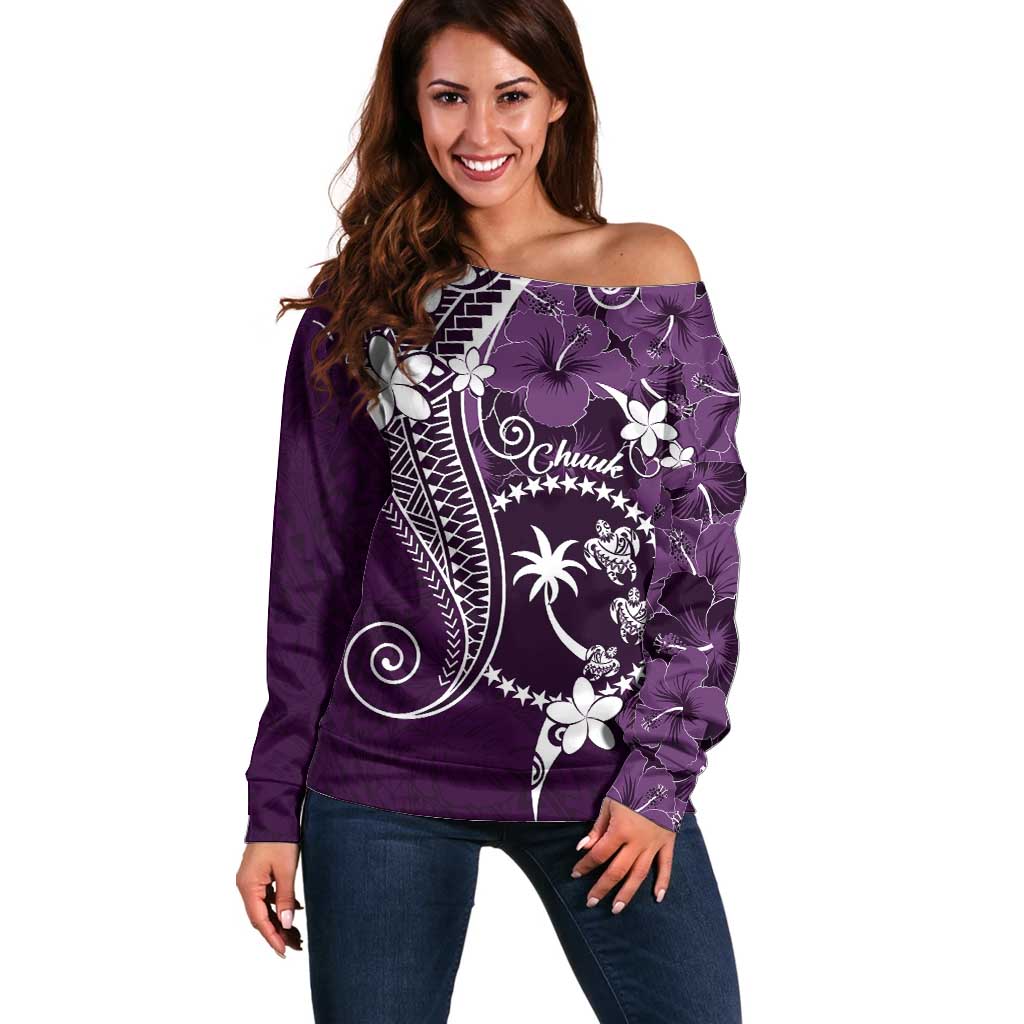 FSM Chuuk Off Shoulder Sweater Turtle Tropical Flowers Polynesian - Purple