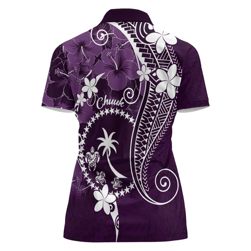 FSM Chuuk Women Polo Shirt Turtle Tropical Flowers Polynesian - Purple