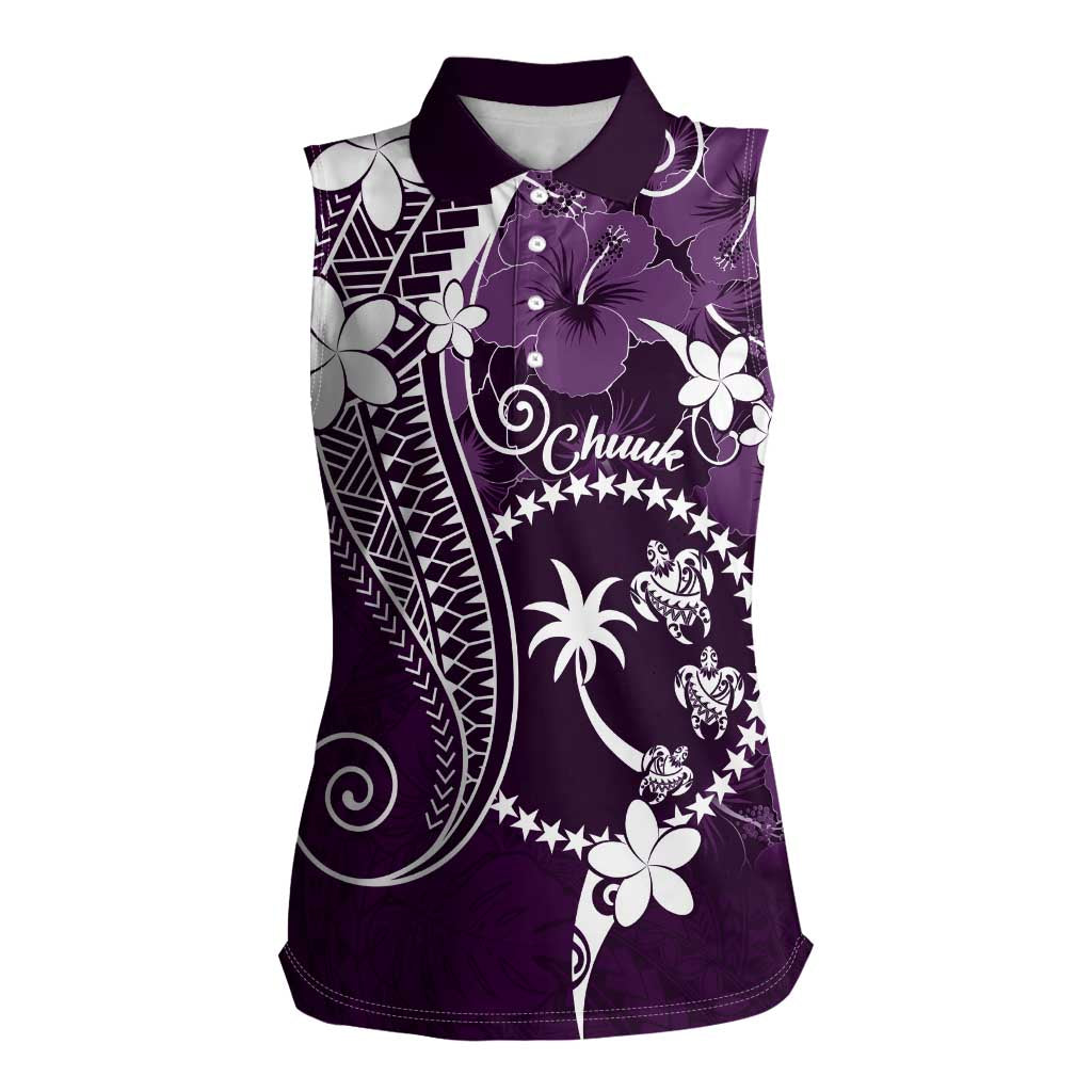 FSM Chuuk Women Sleeveless Polo Shirt Turtle Tropical Flowers Polynesian - Purple