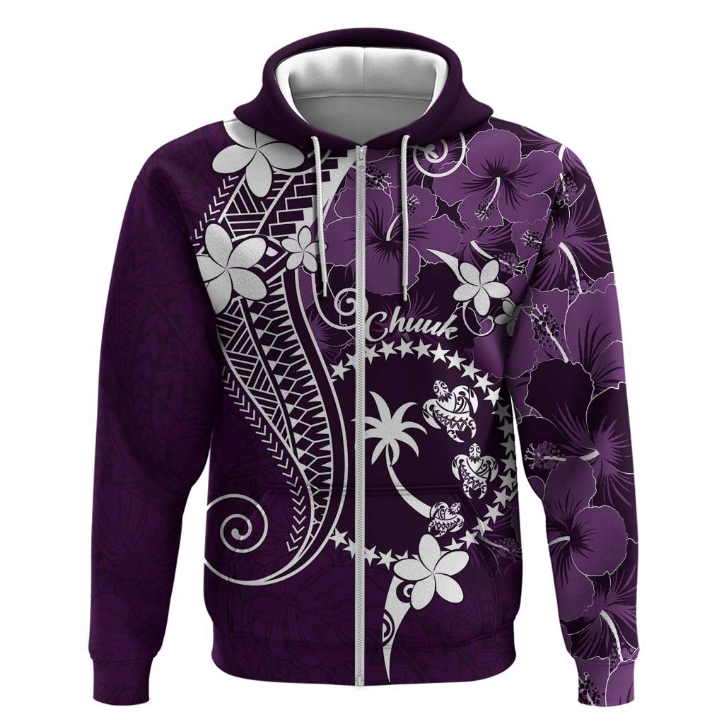 FSM Chuuk Zip Hoodie Turtle Tropical Flowers Polynesian - Purple