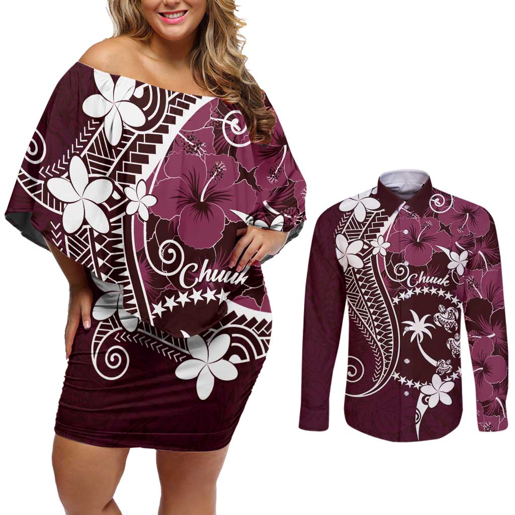 FSM Chuuk Couples Matching Off Shoulder Short Dress and Long Sleeve Button Shirt Turtle Tropical Flowers Polynesian - Pink