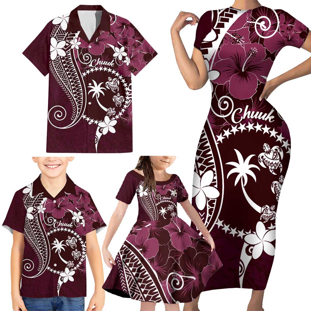 FSM Chuuk Family Matching Short Sleeve Bodycon Dress and Hawaiian Shirt Turtle Tropical Flowers Polynesian - Pink