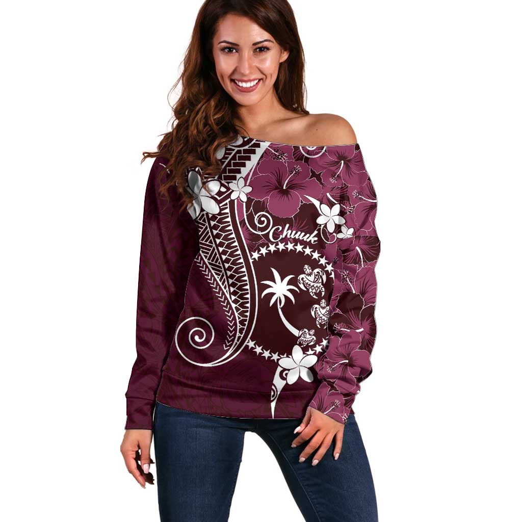 FSM Chuuk Off Shoulder Sweater Turtle Tropical Flowers Polynesian - Pink