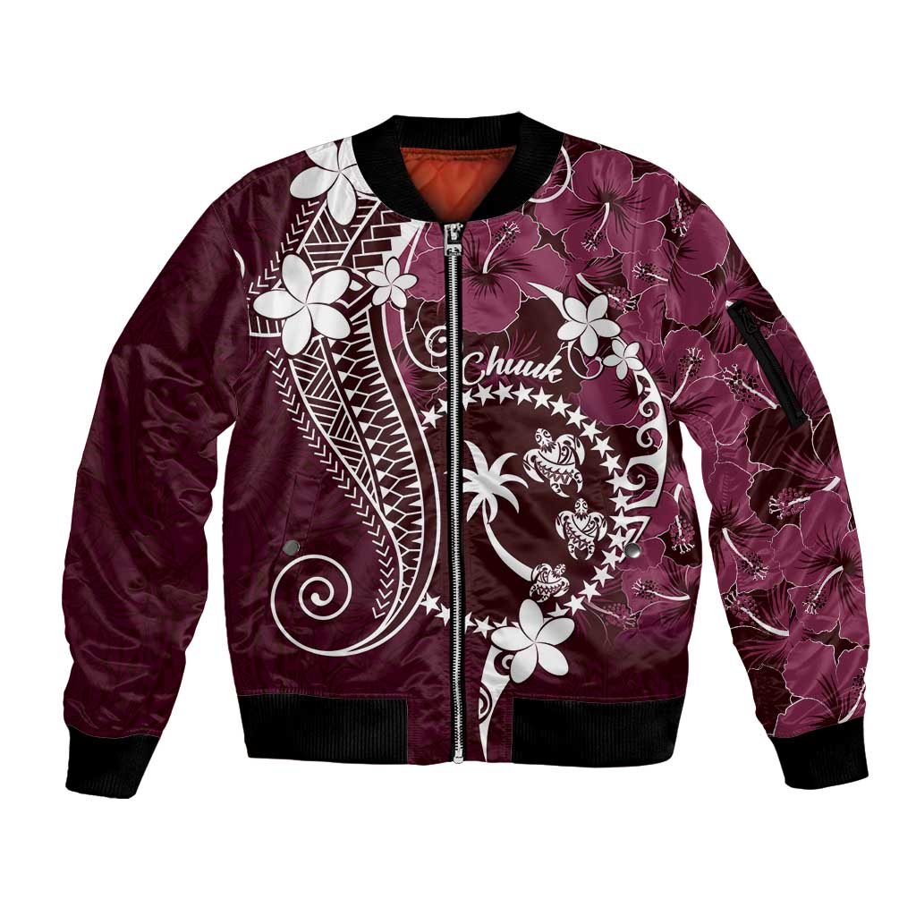 FSM Chuuk Sleeve Zip Bomber Jacket Turtle Tropical Flowers Polynesian - Pink