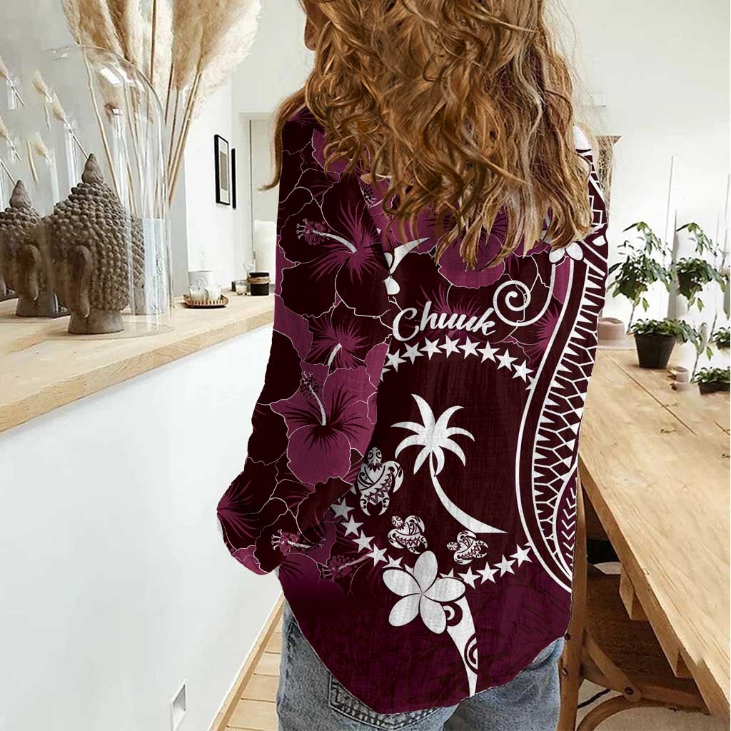 FSM Chuuk Women Casual Shirt Turtle Tropical Flowers Polynesian - Pink LT14 - Polynesian Pride