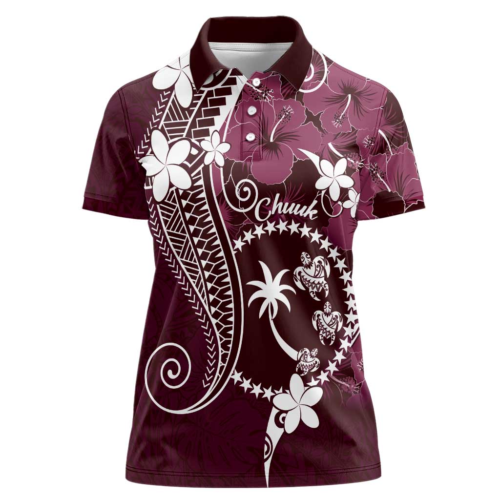 FSM Chuuk Women Polo Shirt Turtle Tropical Flowers Polynesian - Pink