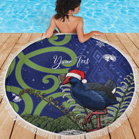 Personalized New Zealand Pukeko Christmas Beach Blanket Meri Kirihimete Taniko Ponga Koru Blue - Polynesian Pride