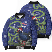 Personalized New Zealand Pukeko Christmas Bomber Puffer Jacket Meri Kirihimete Taniko Ponga Koru Blue - Polynesian Pride
