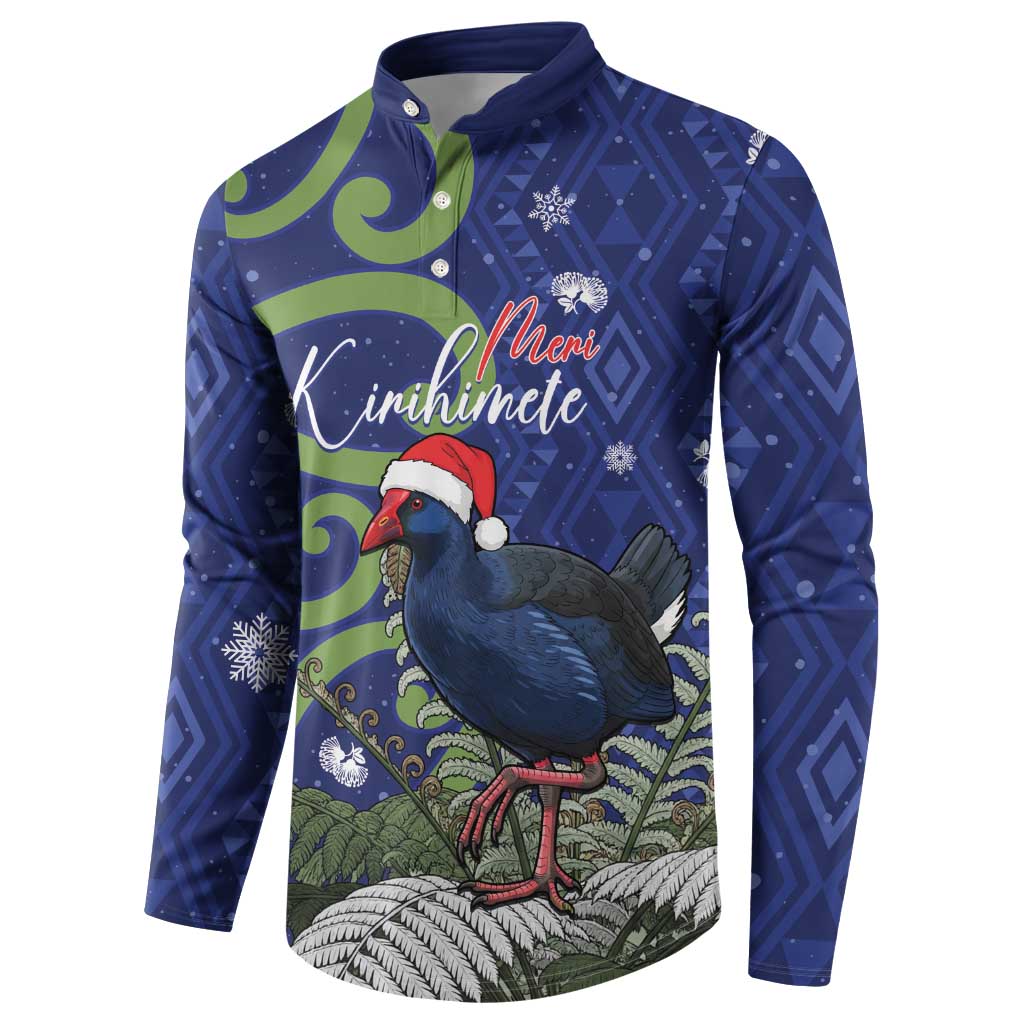 Personalized New Zealand Pukeko Christmas Button Sweatshirt Meri Kirihimete Taniko Ponga Koru Blue - Polynesian Pride