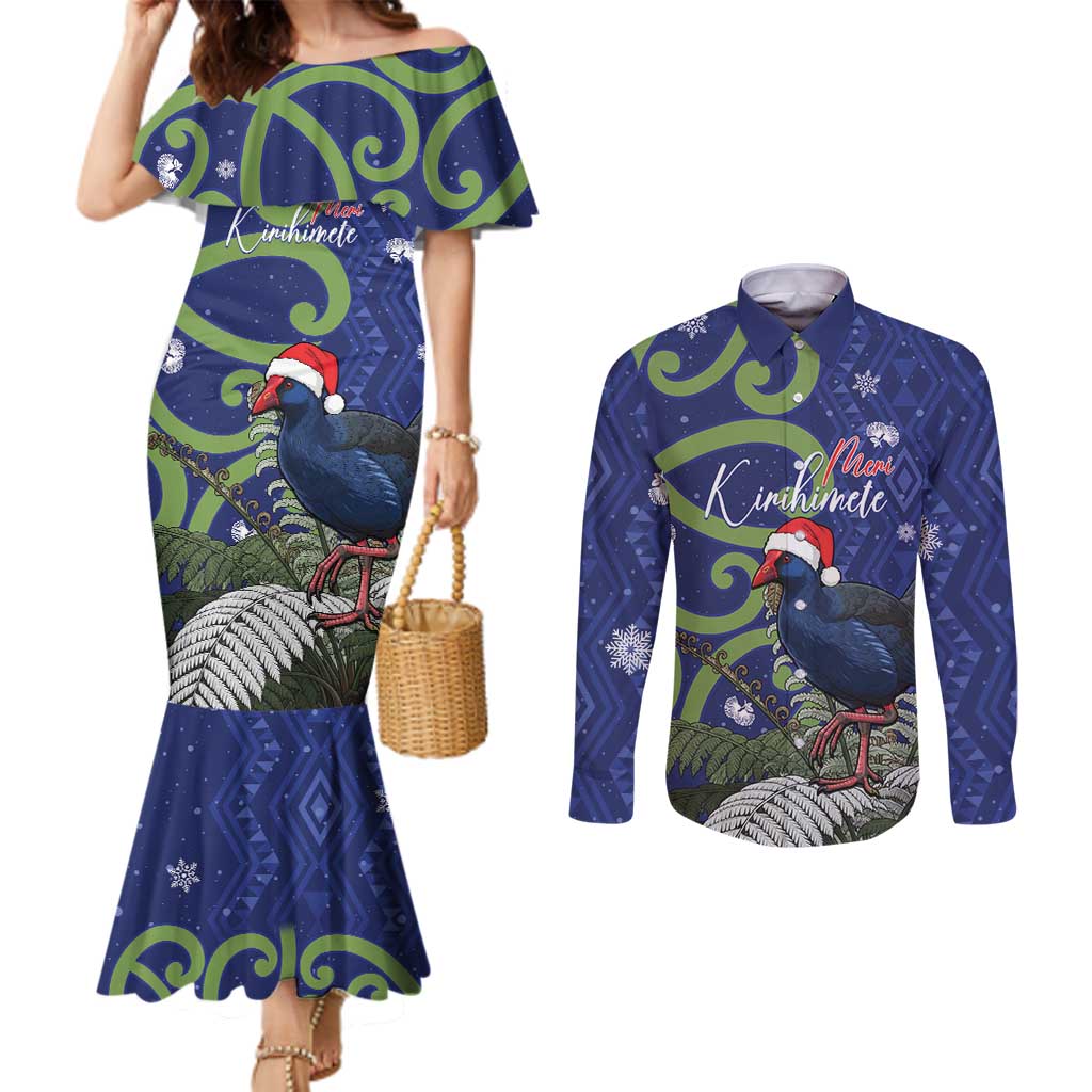 Personalized New Zealand Pukeko Christmas Couples Matching Mermaid Dress and Long Sleeve Button Shirt Meri Kirihimete Taniko Ponga Koru Blue - Polynesian Pride