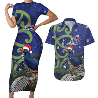 Personalized New Zealand Pukeko Christmas Couples Matching Short Sleeve Bodycon Dress and Hawaiian Shirt Meri Kirihimete Taniko Ponga Koru Blue - Polynesian Pride