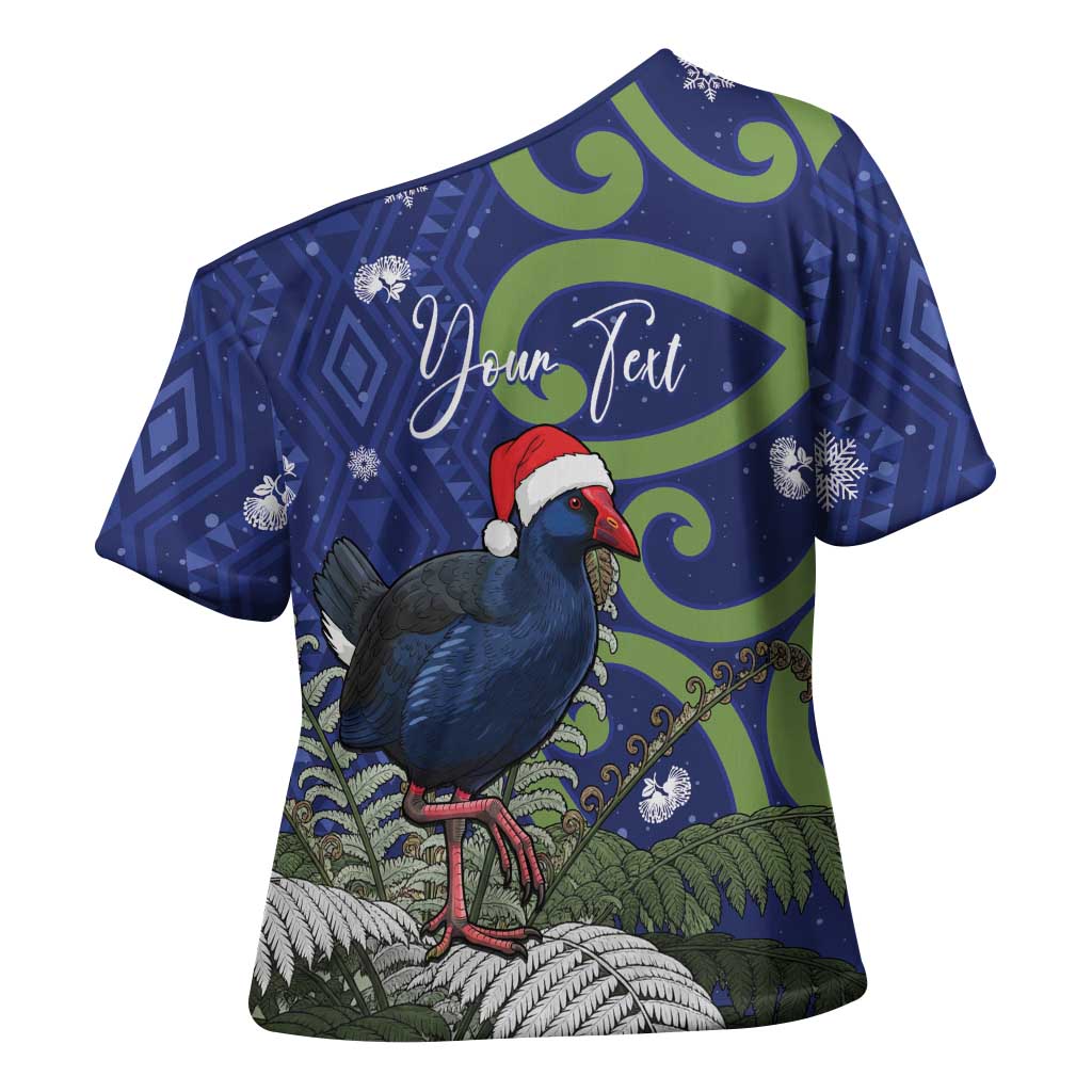 Personalized New Zealand Pukeko Christmas Cross Shoulder Shirt Meri Kirihimete Taniko Ponga Koru Blue - Polynesian Pride