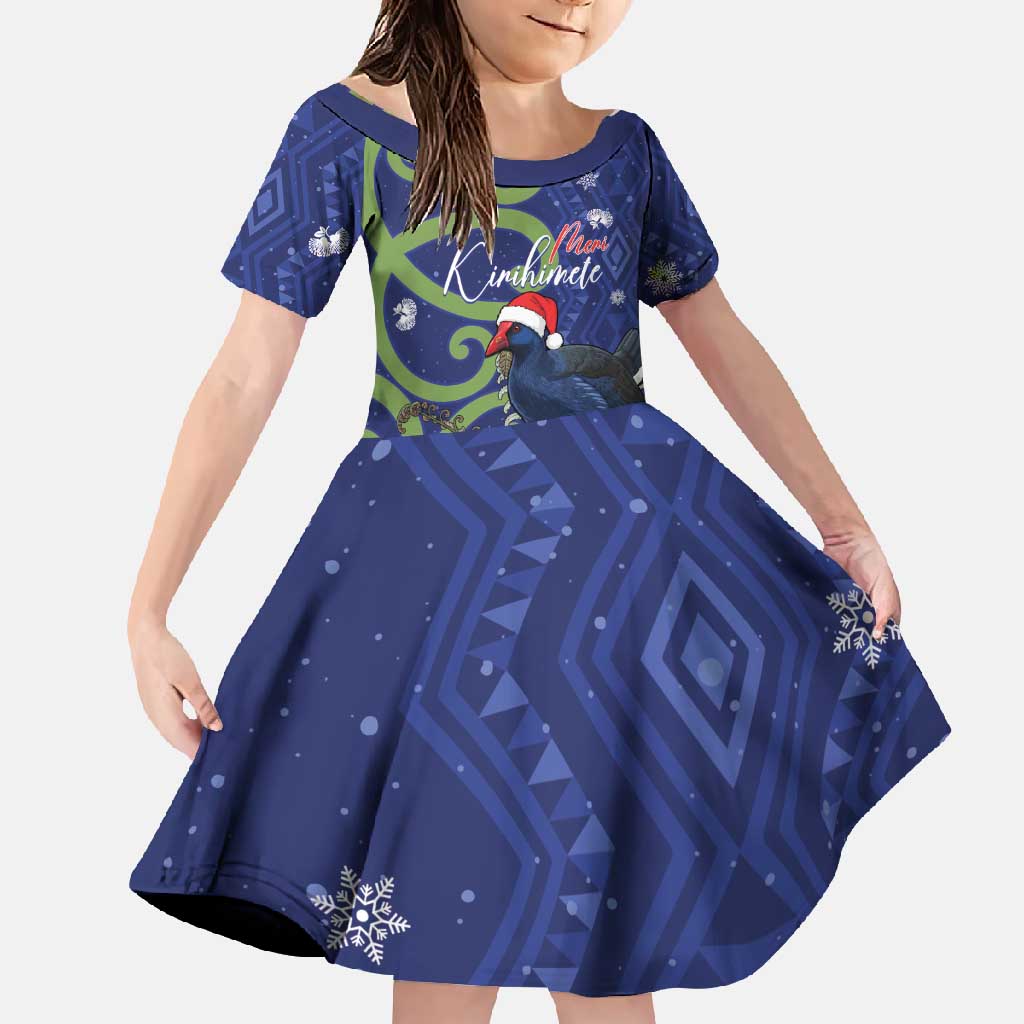 Personalized New Zealand Pukeko Christmas Family Matching Long Sleeve Bodycon Dress and Hawaiian Shirt Meri Kirihimete Taniko Ponga Koru Blue LT14 Daughter's Dress Blue - Polynesian Pride