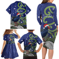 Personalized New Zealand Pukeko Christmas Family Matching Long Sleeve Bodycon Dress and Hawaiian Shirt Meri Kirihimete Taniko Ponga Koru Blue LT14 - Polynesian Pride