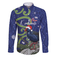 Personalized New Zealand Pukeko Christmas Family Matching Long Sleeve Bodycon Dress and Hawaiian Shirt Meri Kirihimete Taniko Ponga Koru Blue LT14 Dad's Shirt - Long Sleeve Blue - Polynesian Pride