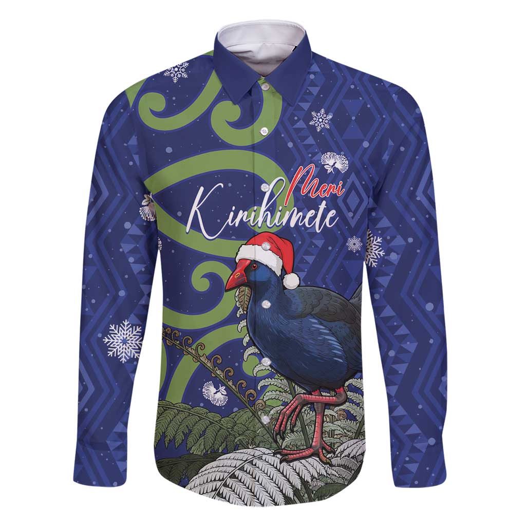 Personalized New Zealand Pukeko Christmas Family Matching Mermaid Dress and Hawaiian Shirt Meri Kirihimete Taniko Ponga Koru Blue LT14 Dad's Shirt - Long Sleeve Blue - Polynesian Pride