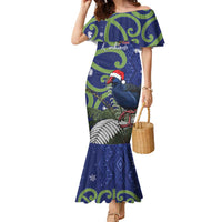 Personalized New Zealand Pukeko Christmas Family Matching Mermaid Dress and Hawaiian Shirt Meri Kirihimete Taniko Ponga Koru Blue LT14 Mom's Dress Blue - Polynesian Pride