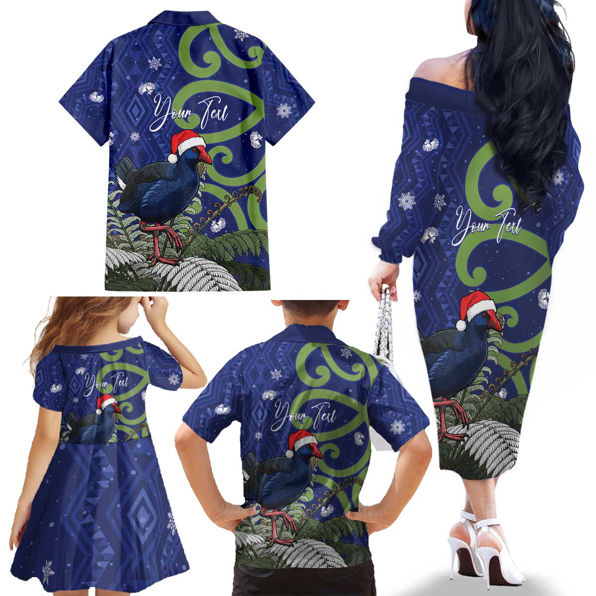 Personalized New Zealand Pukeko Christmas Family Matching Off The Shoulder Long Sleeve Dress and Hawaiian Shirt Meri Kirihimete Taniko Ponga Koru Blue - Polynesian Pride
