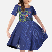 Personalized New Zealand Pukeko Christmas Family Matching Short Sleeve Bodycon Dress and Hawaiian Shirt Meri Kirihimete Taniko Ponga Koru Blue LT14 Daughter's Dress Blue - Polynesian Pride