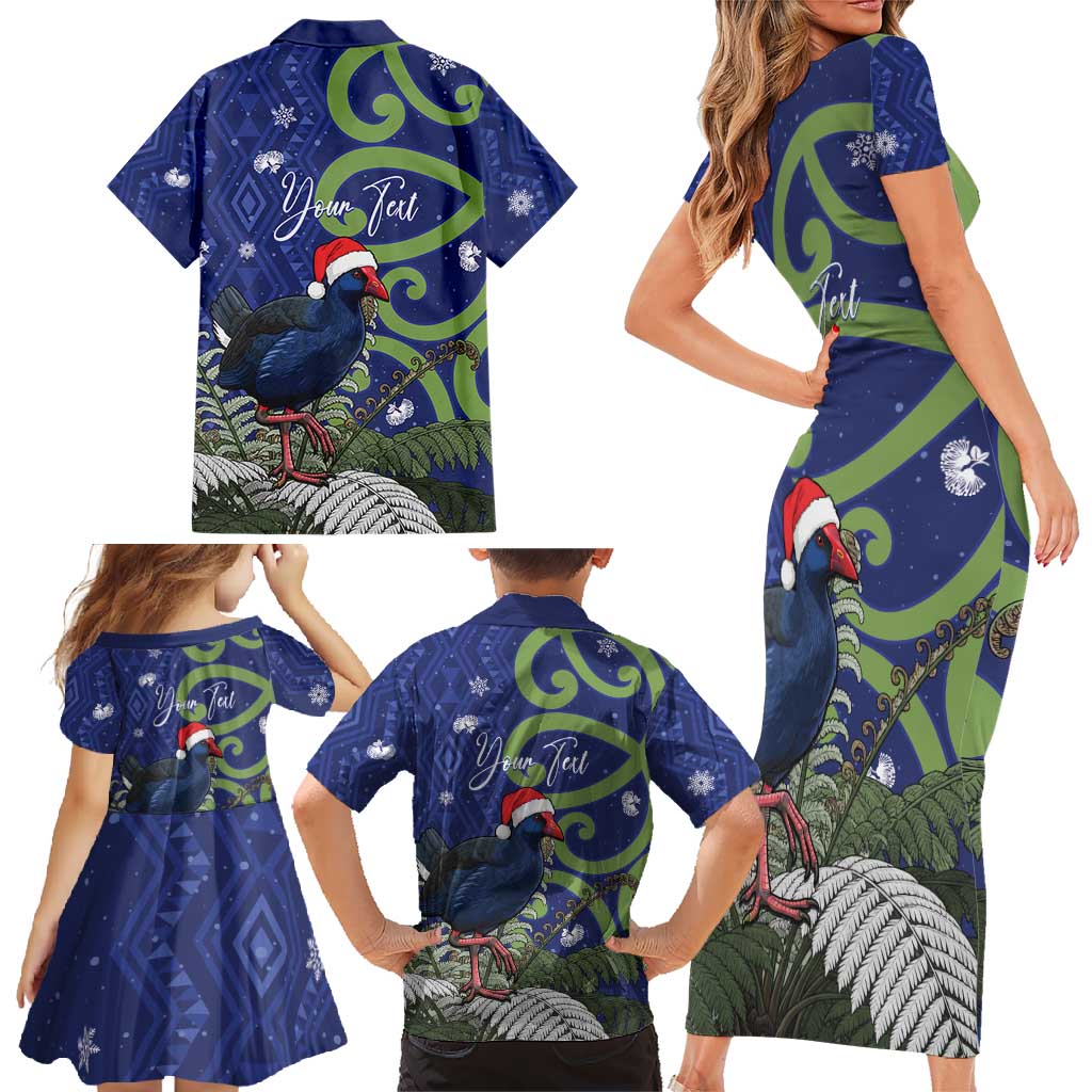Personalized New Zealand Pukeko Christmas Family Matching Short Sleeve Bodycon Dress and Hawaiian Shirt Meri Kirihimete Taniko Ponga Koru Blue LT14 - Polynesian Pride