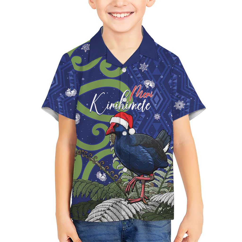 Personalized New Zealand Pukeko Christmas Family Matching Short Sleeve Bodycon Dress and Hawaiian Shirt Meri Kirihimete Taniko Ponga Koru Blue LT14 Son's Shirt Blue - Polynesian Pride