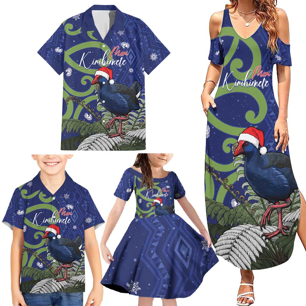 Personalized New Zealand Pukeko Christmas Family Matching Summer Maxi Dress and Hawaiian Shirt Meri Kirihimete Taniko Ponga Koru Blue - Polynesian Pride