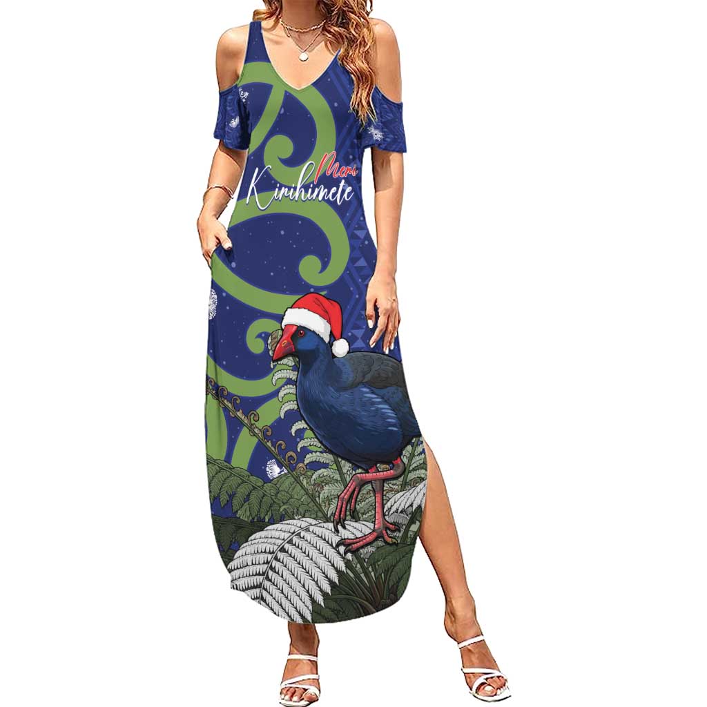 Personalized New Zealand Pukeko Christmas Family Matching Summer Maxi Dress and Hawaiian Shirt Meri Kirihimete Taniko Ponga Koru Blue - Polynesian Pride