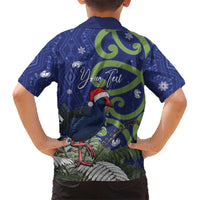 Personalized New Zealand Pukeko Christmas Kid Hawaiian Shirt Meri Kirihimete Taniko Ponga Koru Blue - Polynesian Pride