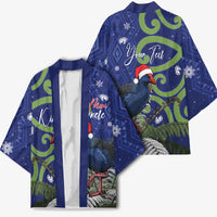 Personalized New Zealand Pukeko Christmas Kimono Meri Kirihimete Taniko Ponga Koru Blue - Polynesian Pride