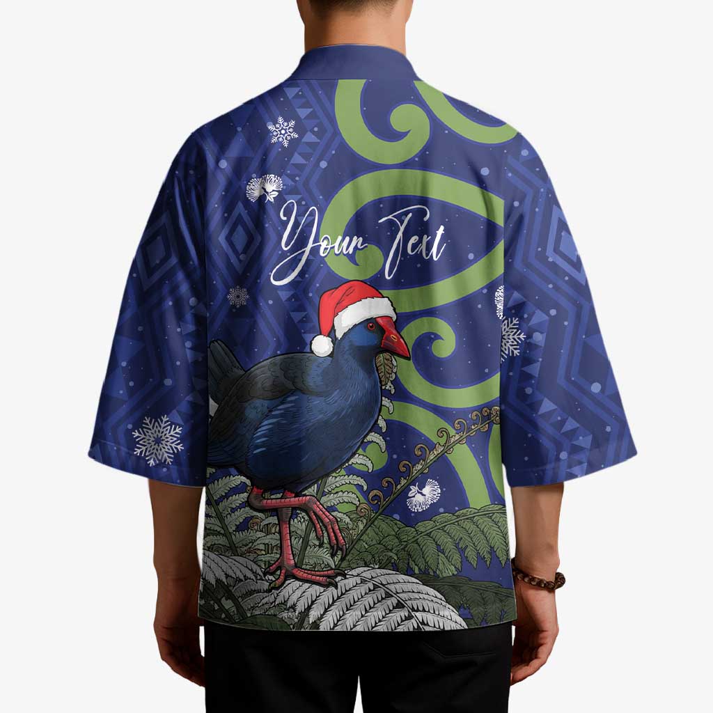 Personalized New Zealand Pukeko Christmas Kimono Meri Kirihimete Taniko Ponga Koru Blue - Polynesian Pride
