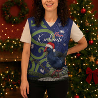 Personalized New Zealand Pukeko Christmas Knitted V-Neck Vest Meri Kirihimete Taniko Ponga Koru Blue - Polynesian Pride