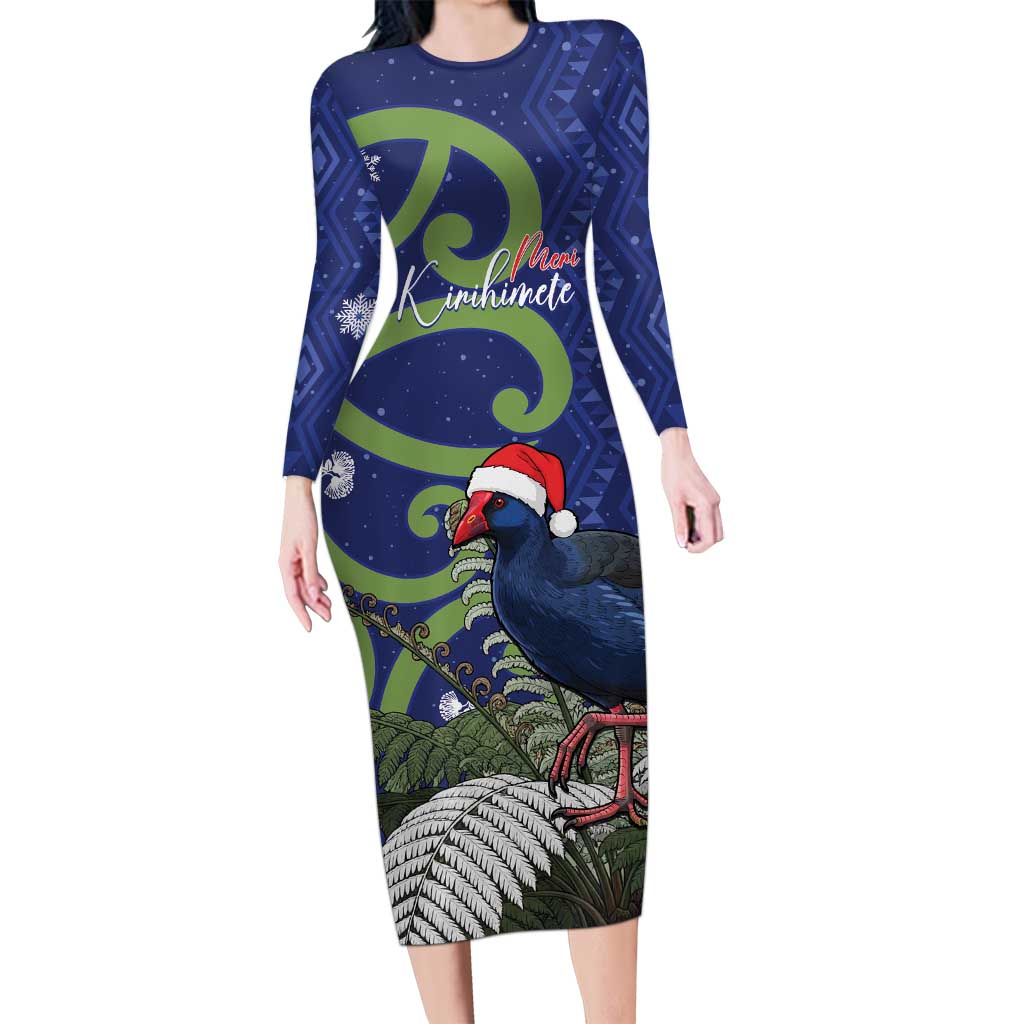 Personalized New Zealand Pukeko Christmas Long Sleeve Bodycon Dress Meri Kirihimete Taniko Ponga Koru Blue - Polynesian Pride
