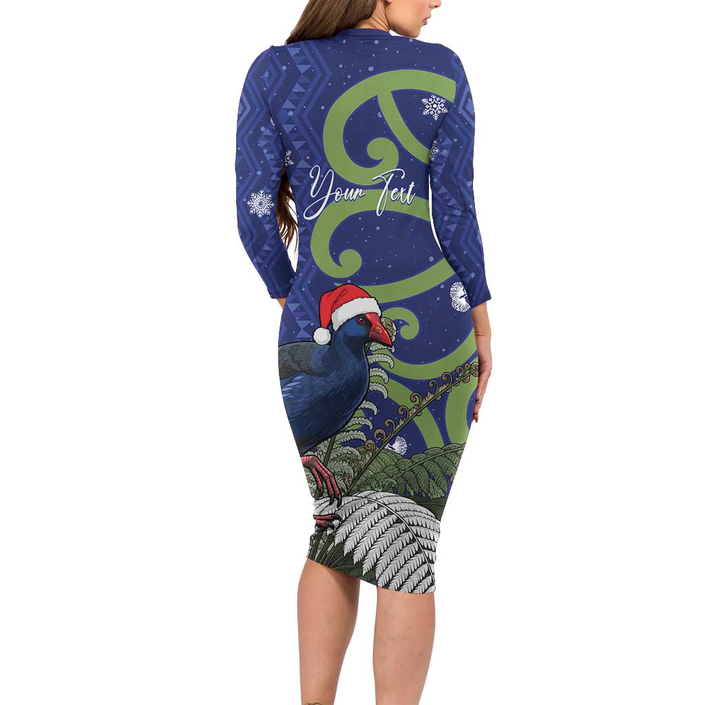 Personalized New Zealand Pukeko Christmas Long Sleeve Bodycon Dress Meri Kirihimete Taniko Ponga Koru Blue - Polynesian Pride