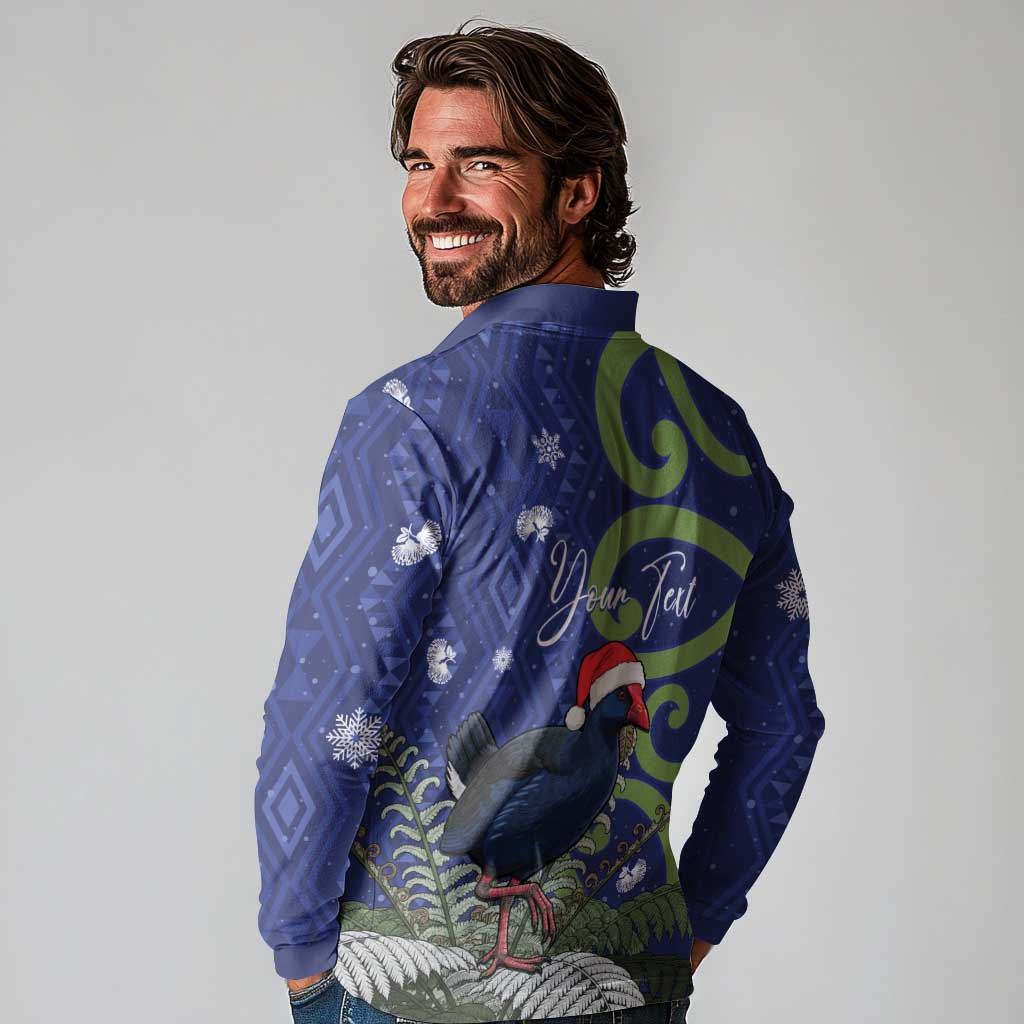 Personalized New Zealand Pukeko Christmas Long Sleeve Polo Shirt Meri Kirihimete Taniko Ponga Koru Blue - Polynesian Pride
