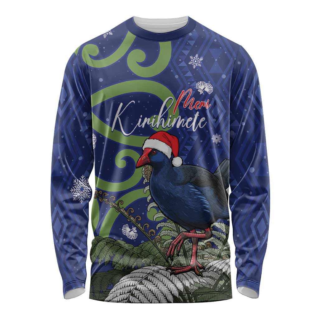 Personalized New Zealand Pukeko Christmas Long Sleeve Shirt Meri Kirihimete Taniko Ponga Koru Blue - Polynesian Pride